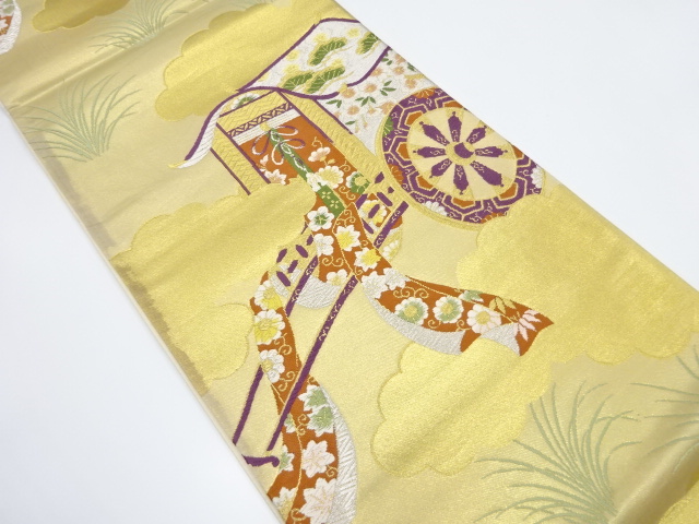 JAPANESE KIMONO / ANTIQUE FUKURO OBI / SILK / WOVEN CARRIAGE & CLOUD